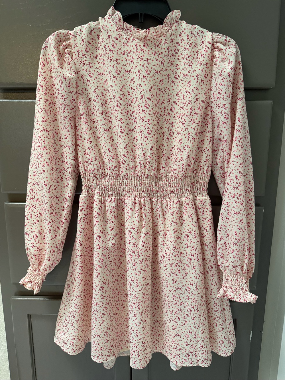 Pink Floral Long-Sleeve Smocked Waist Dress